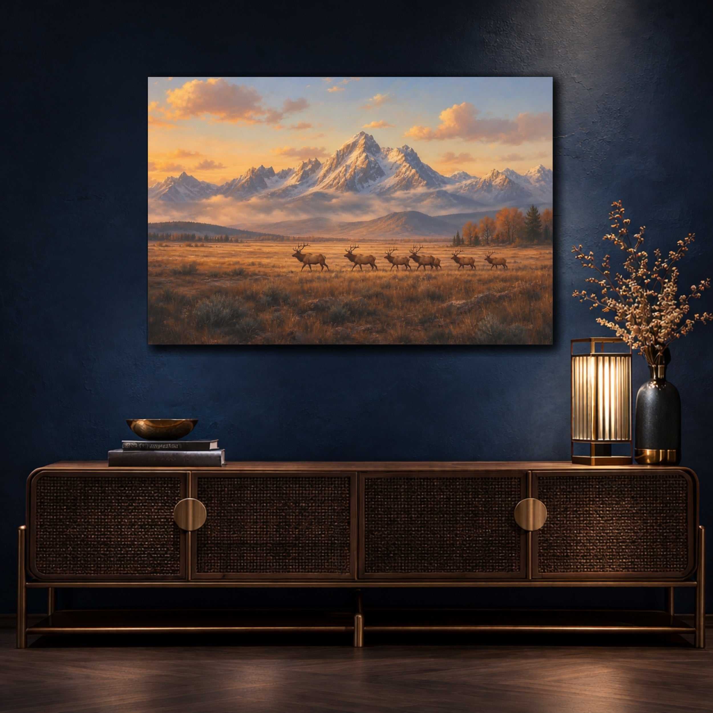 Mockup 4. Nature Elks Golden Elks Landscape shown as stretched canvas wall art