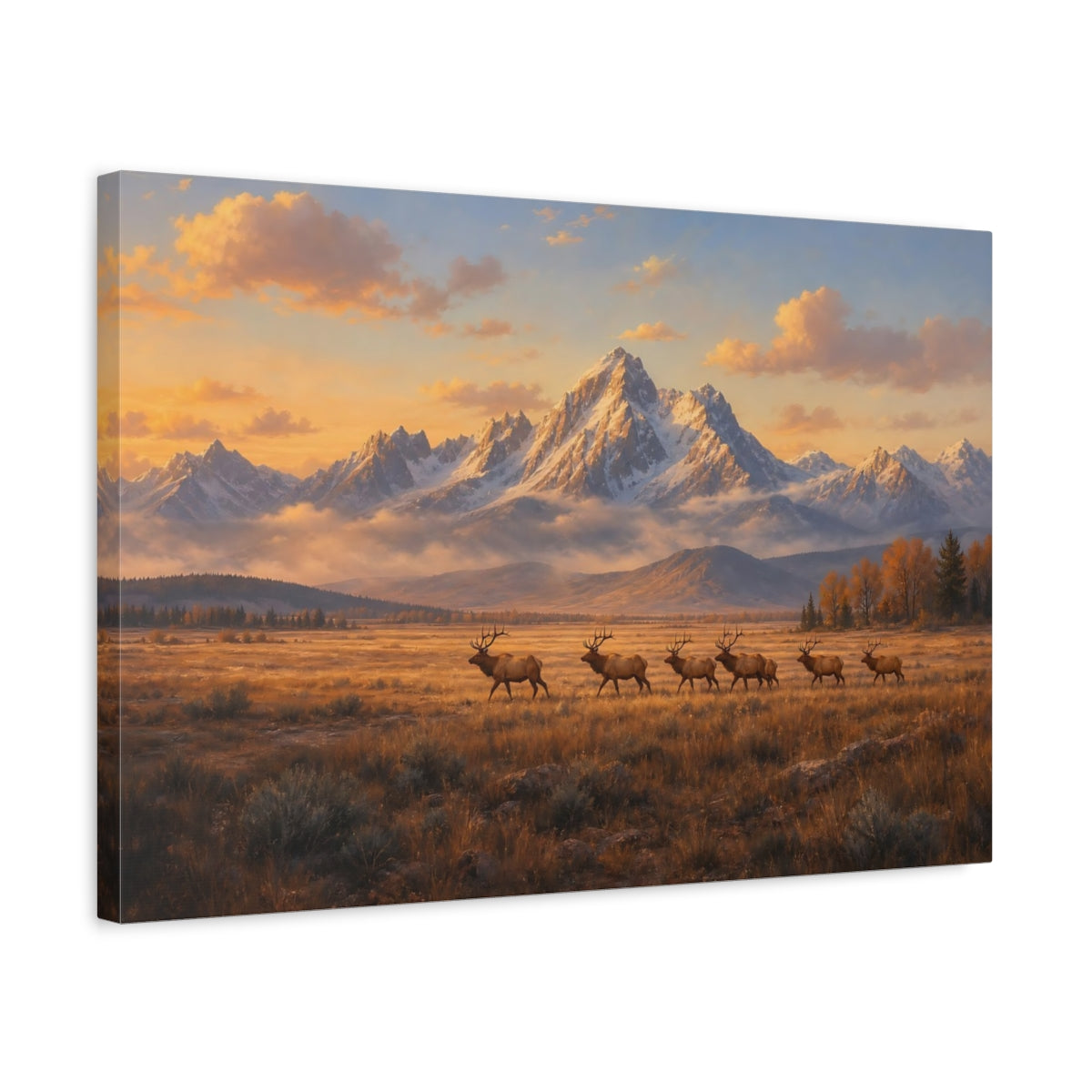 Side Mockup 3. Nature Elks Golden Elks Landscape shown as stretched canvas wall art