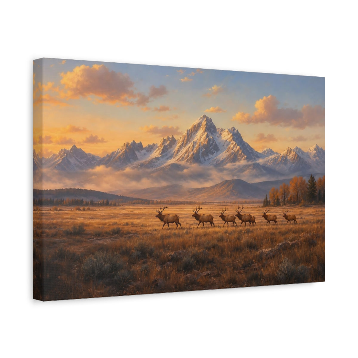 Side Mockup 4. Nature Elks Golden Elks Landscape shown as stretched canvas wall art