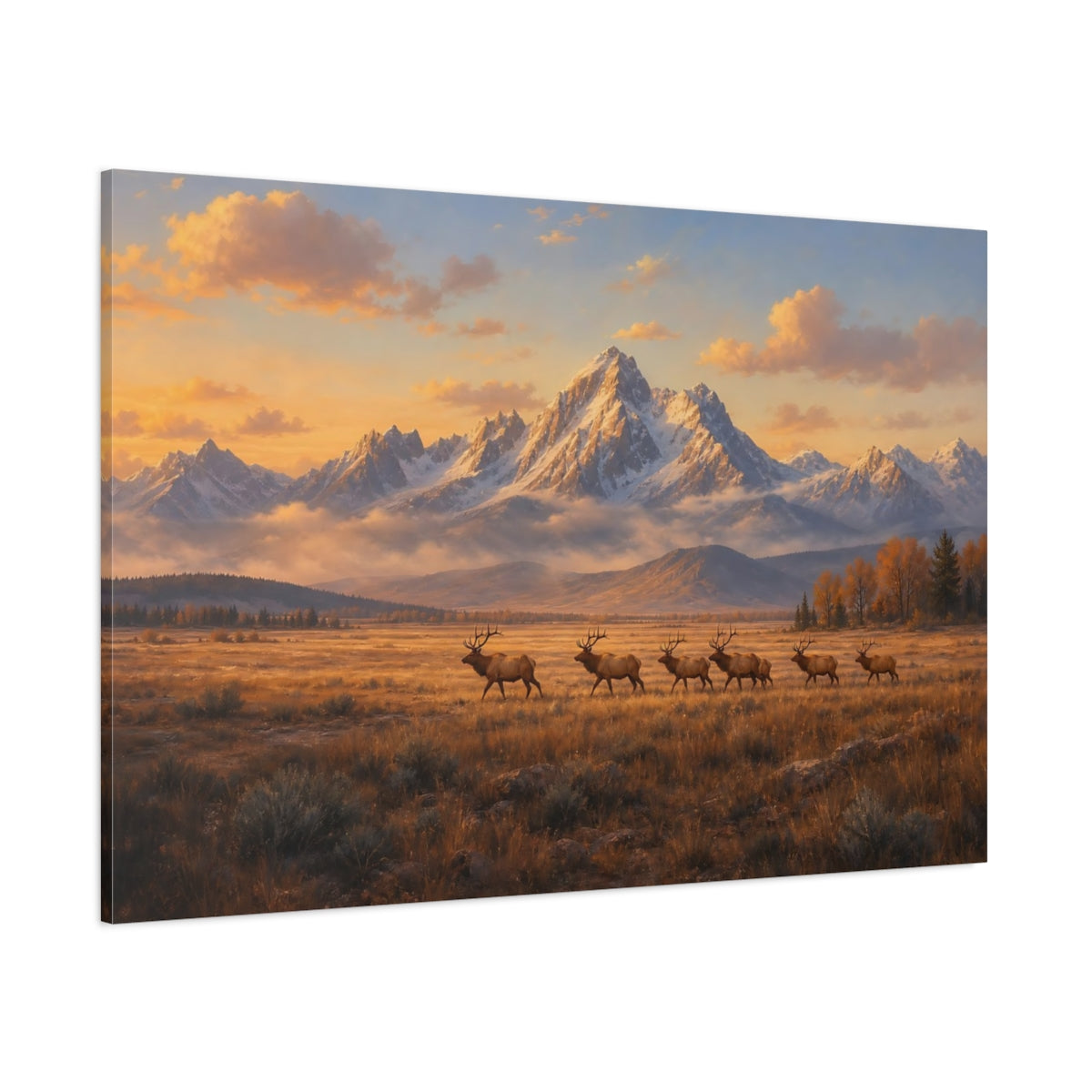 Side Mockup 1. Nature Elks Golden Elks Landscape shown as stretched canvas wall art