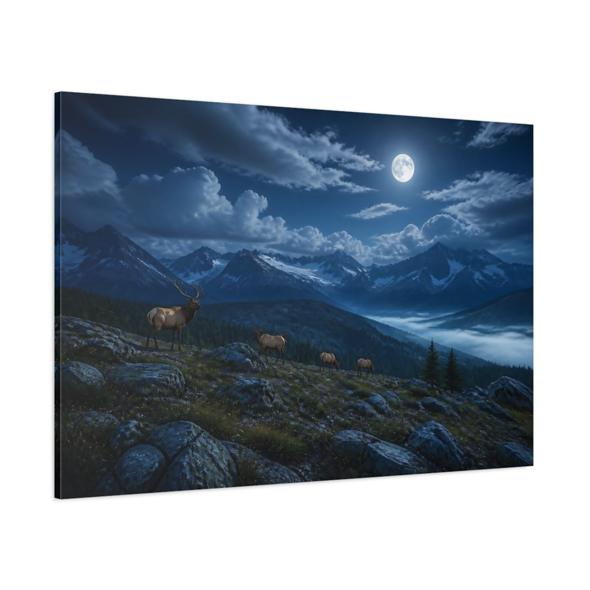 Side Mockup 1. Nature Elks Elk Moonlit Mountains shown as stretched canvas wall art