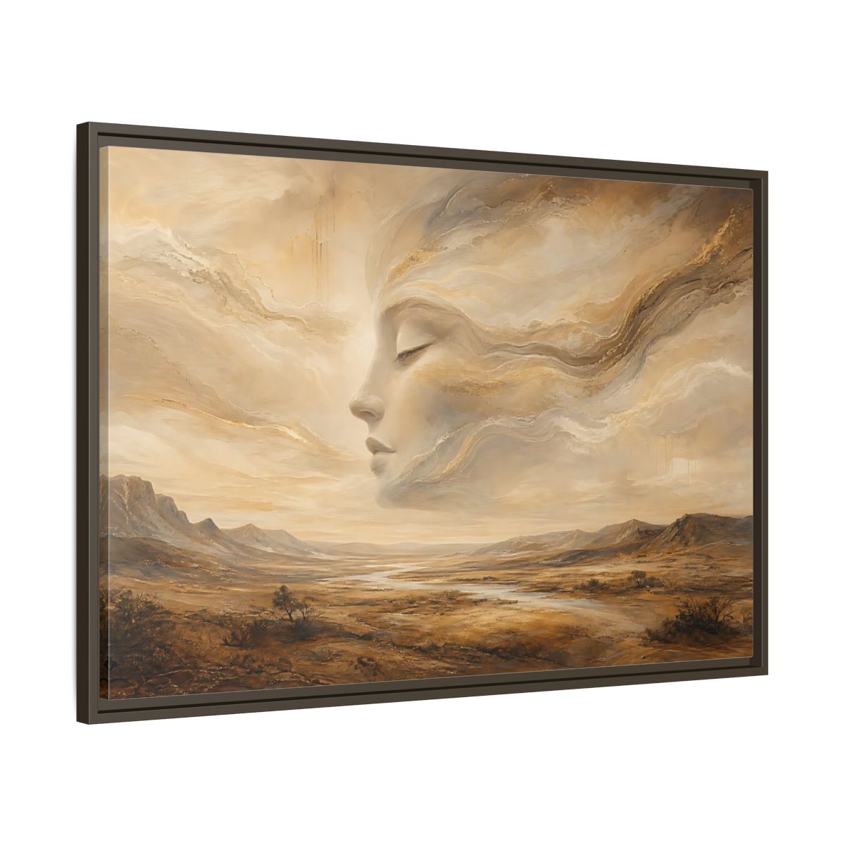 Main Mockup. Nature Ethereal Face Gold And Beige shown as stretched canvas wall art