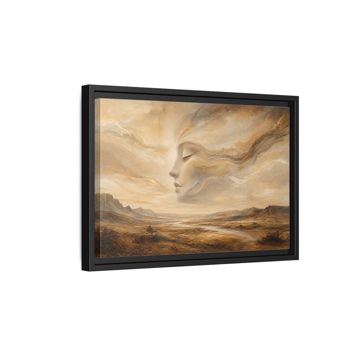 Side Mockup 6. Nature Ethereal Face Gold And Beige shown as stretched canvas wall art