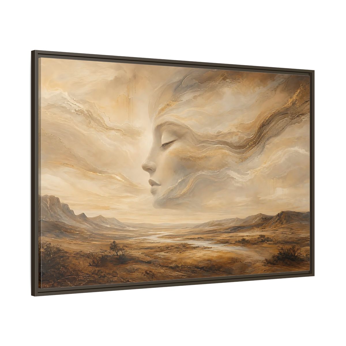 Side Mockup 8. Nature Ethereal Face Gold And Beige shown as stretched canvas wall art