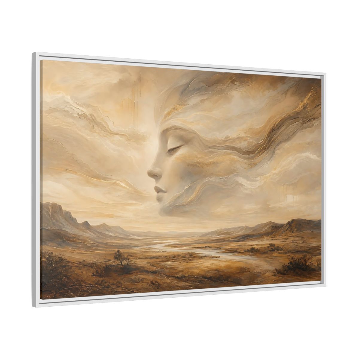 Side Mockup 7. Nature Ethereal Face Gold And Beige shown as stretched canvas wall art