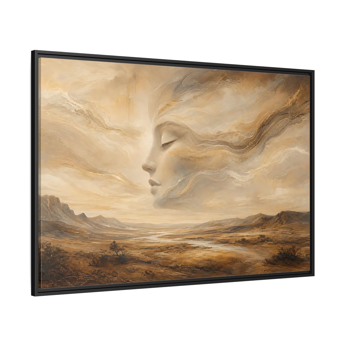 Side Mockup 12. Nature Ethereal Face Gold And Beige shown as stretched canvas wall art