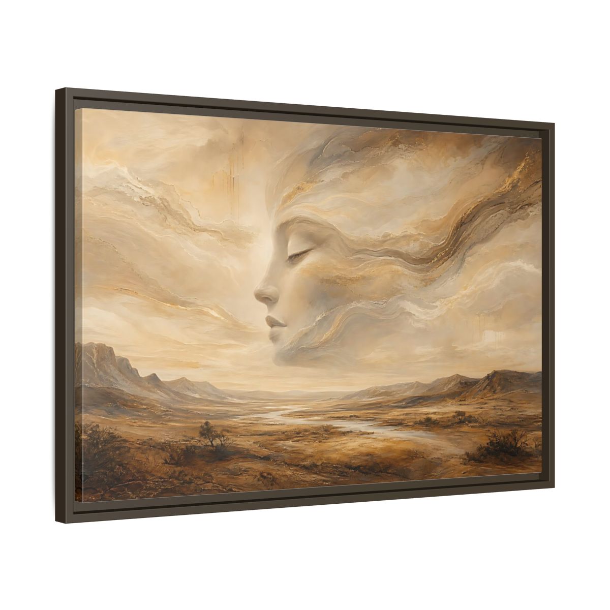 Side Mockup 11. Nature Ethereal Face Gold And Beige shown as stretched canvas wall art