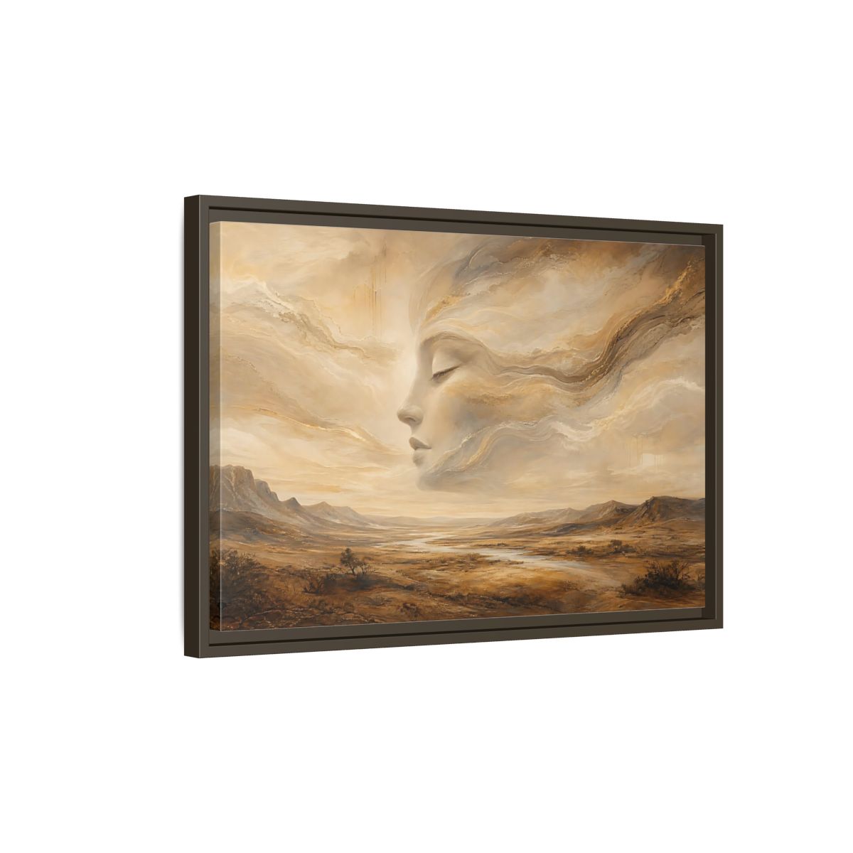 Side Mockup 2. Nature Ethereal Face Gold And Beige shown as stretched canvas wall art