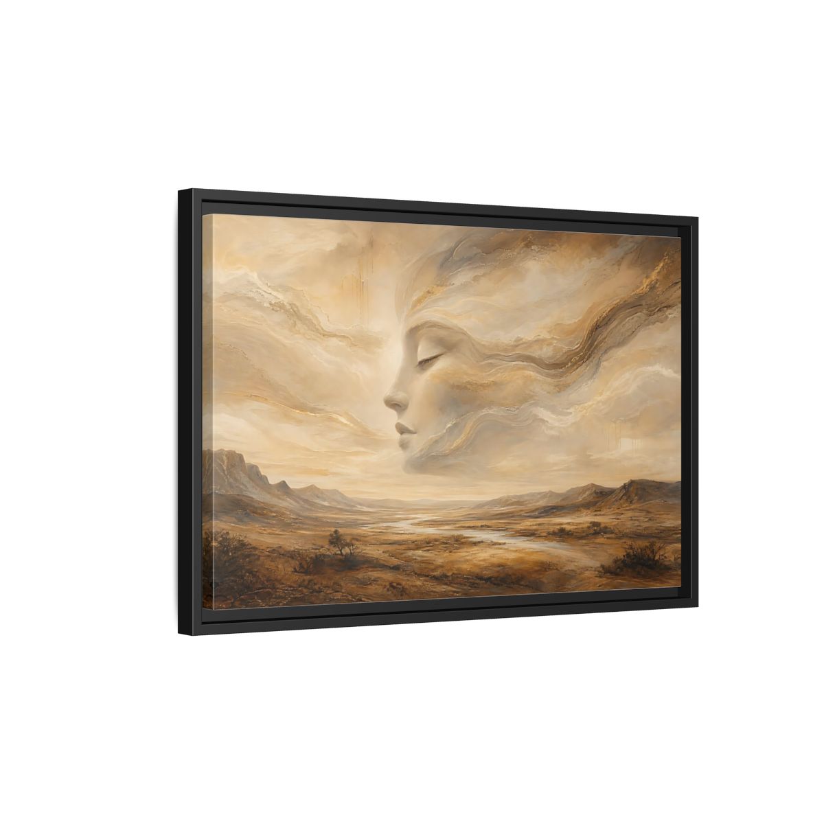 Side Mockup 3. Nature Ethereal Face Gold And Beige shown as stretched canvas wall art