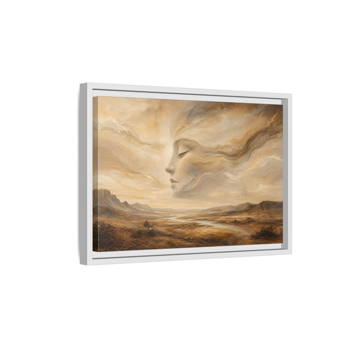 Side Mockup 4. Nature Ethereal Face Gold And Beige shown as stretched canvas wall art