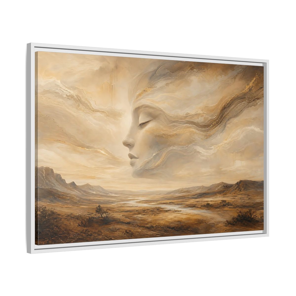 Side Mockup 9. Nature Ethereal Face Gold And Beige shown as stretched canvas wall art