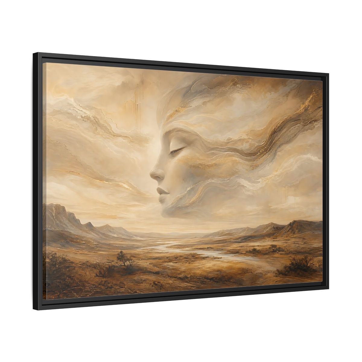 Side Mockup 13. Nature Ethereal Face Gold And Beige shown as stretched canvas wall art