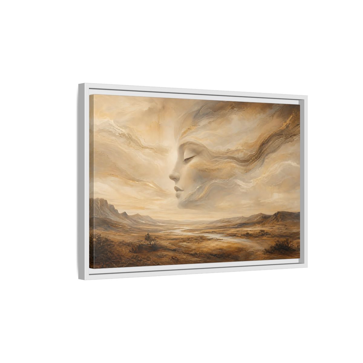 Side Mockup 1. Nature Ethereal Face Gold And Beige shown as stretched canvas wall art
