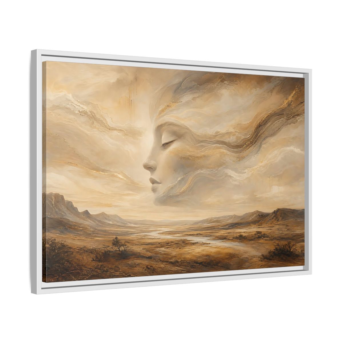 Side Mockup 10. Nature Ethereal Face Gold And Beige shown as stretched canvas wall art