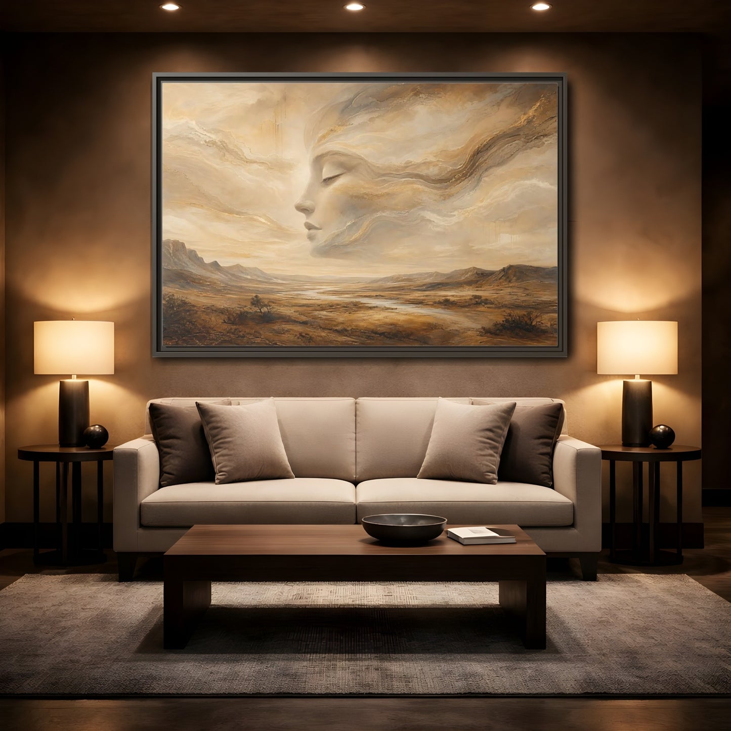 Mockup 2. Nature Ethereal Face Gold And Beige shown as stretched canvas wall art