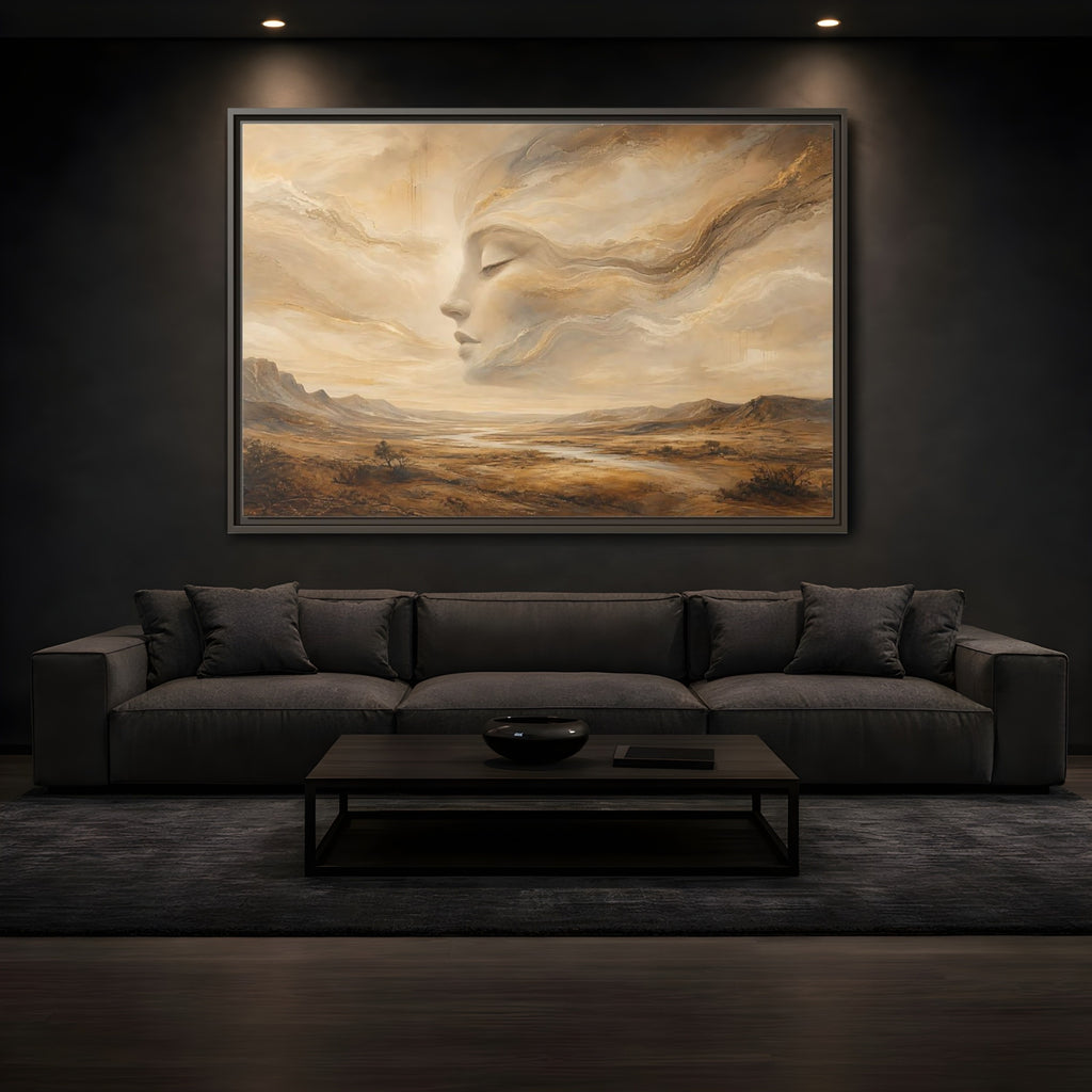 Mockup 3. Nature Ethereal Face Gold And Beige shown as stretched canvas wall art