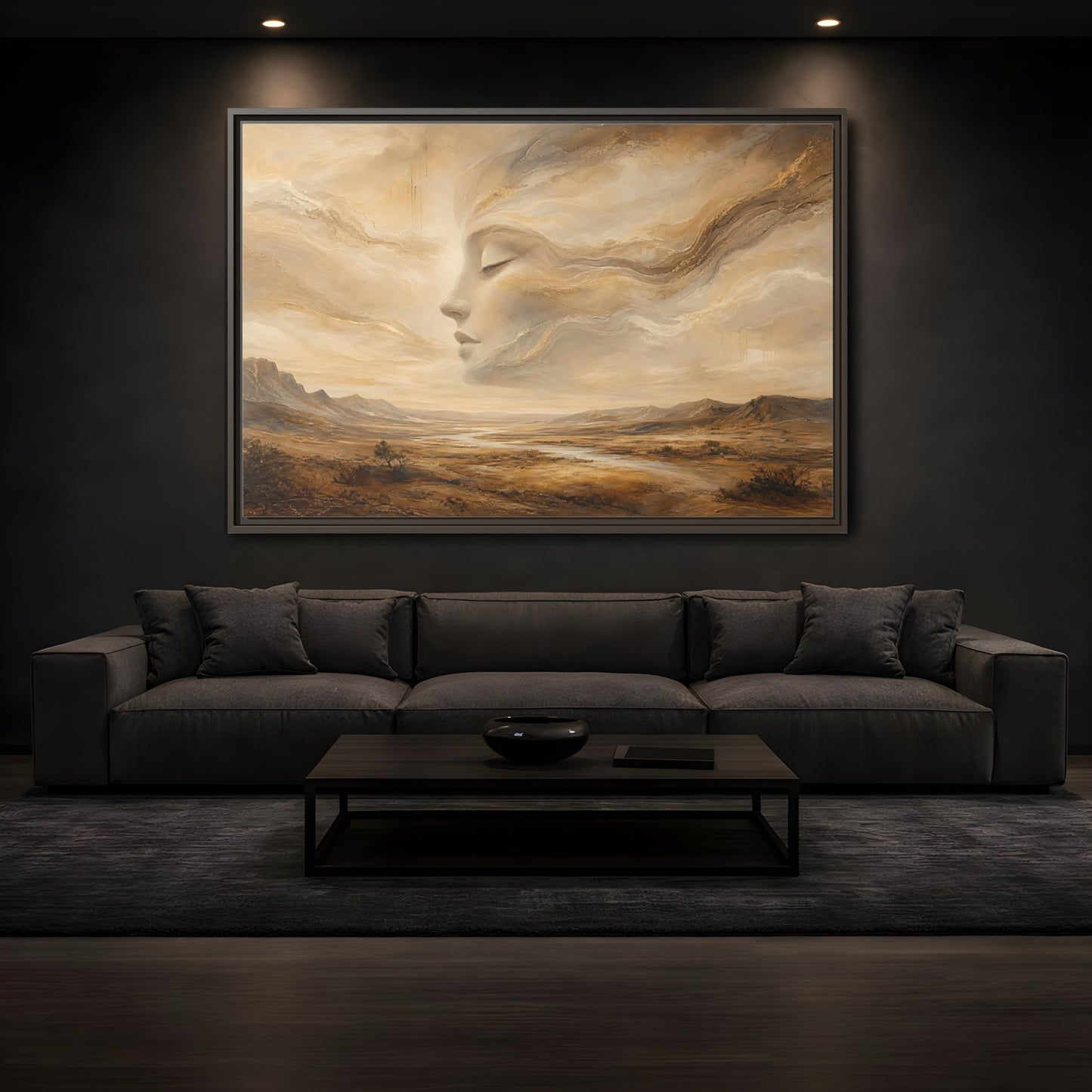 Mockup 3. Nature Ethereal Face Gold And Beige shown as stretched canvas wall art