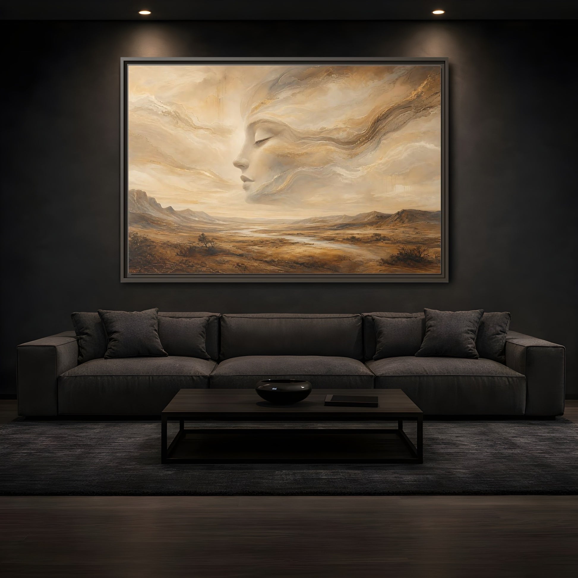 Mockup 3. Nature Ethereal Face Gold And Beige shown as stretched canvas wall art