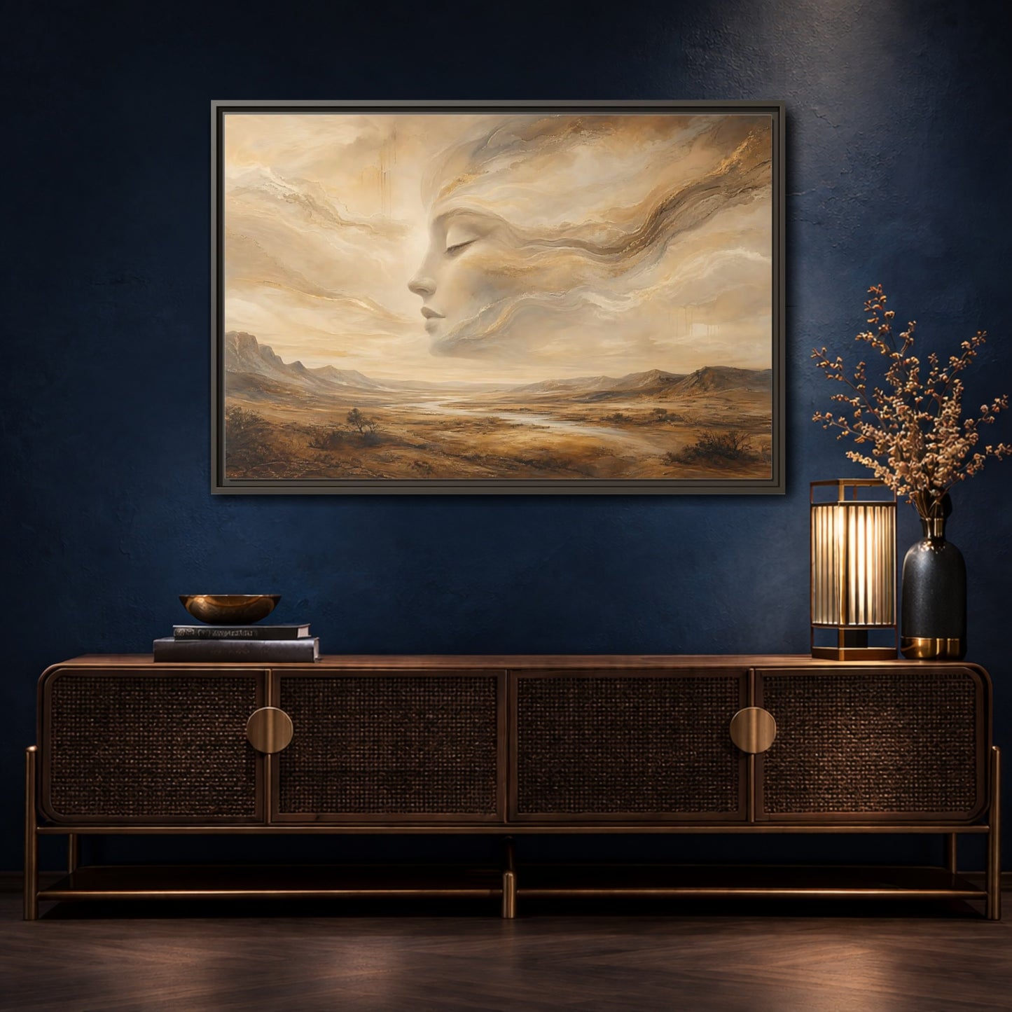 Mockup 4. Nature Ethereal Face Gold And Beige shown as stretched canvas wall art