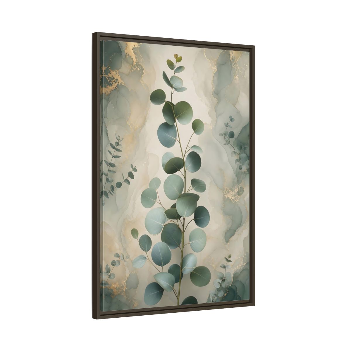 Main Mockup. Nature Eucalyptus Branch Green And Gold Eucalyptus shown as stretched canvas wall art