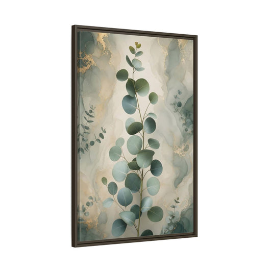 Main Mockup. Nature Eucalyptus Branch Green And Gold Eucalyptus shown as stretched canvas wall art