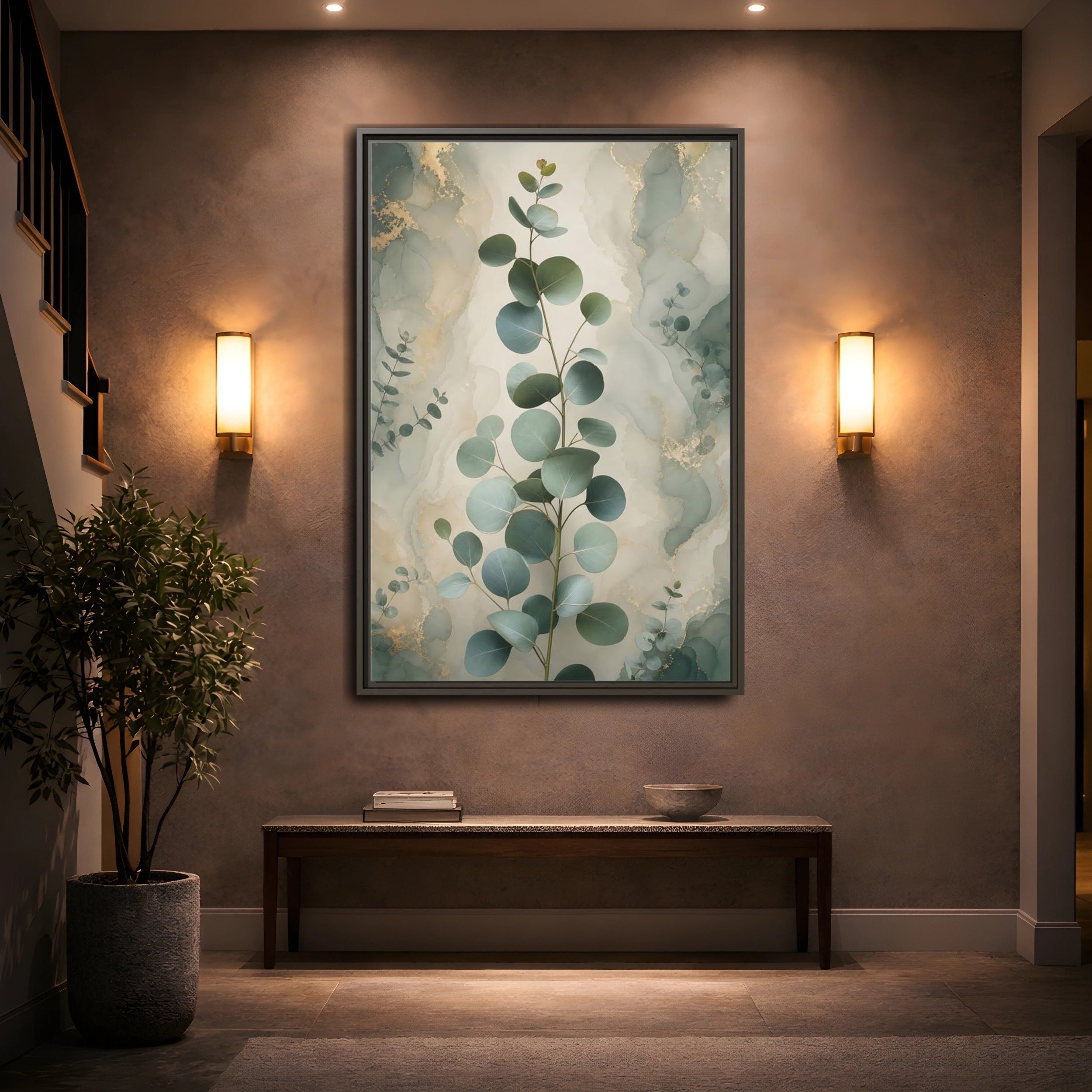 Mockup 2. Nature Eucalyptus Branch Green And Gold Eucalyptus shown as stretched canvas wall art