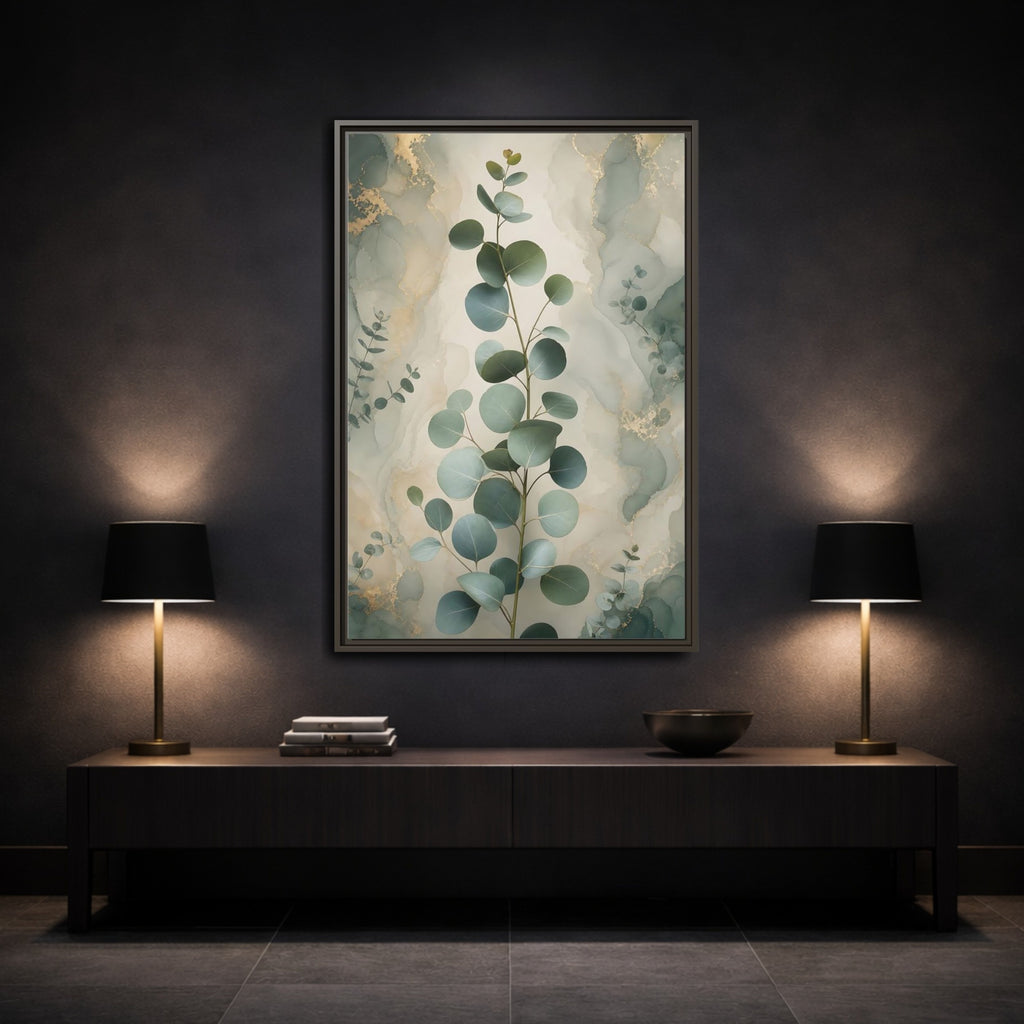 Mockup 3. Nature Eucalyptus Branch Green And Gold Eucalyptus shown as stretched canvas wall art