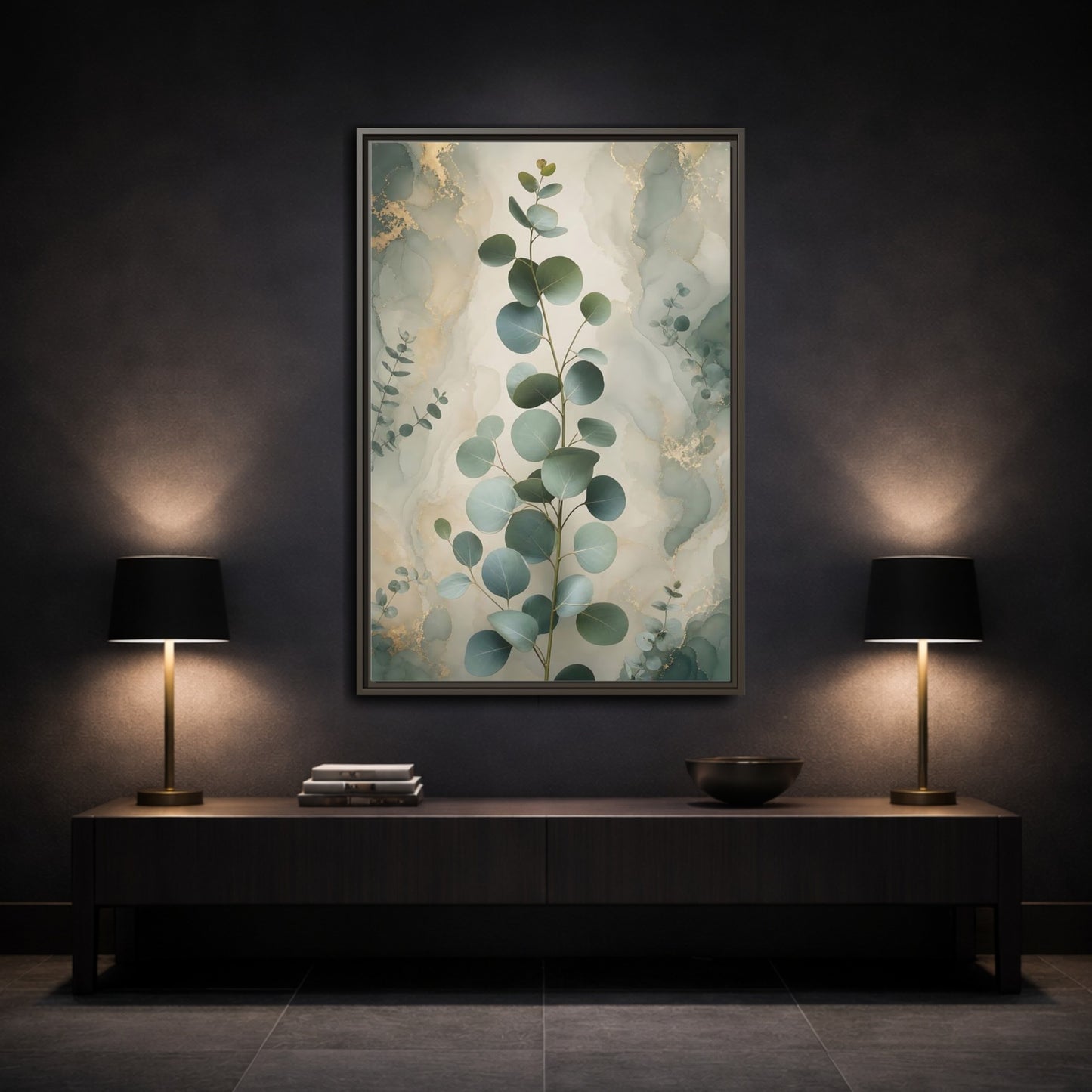Mockup 3. Nature Eucalyptus Branch Green And Gold Eucalyptus shown as stretched canvas wall art