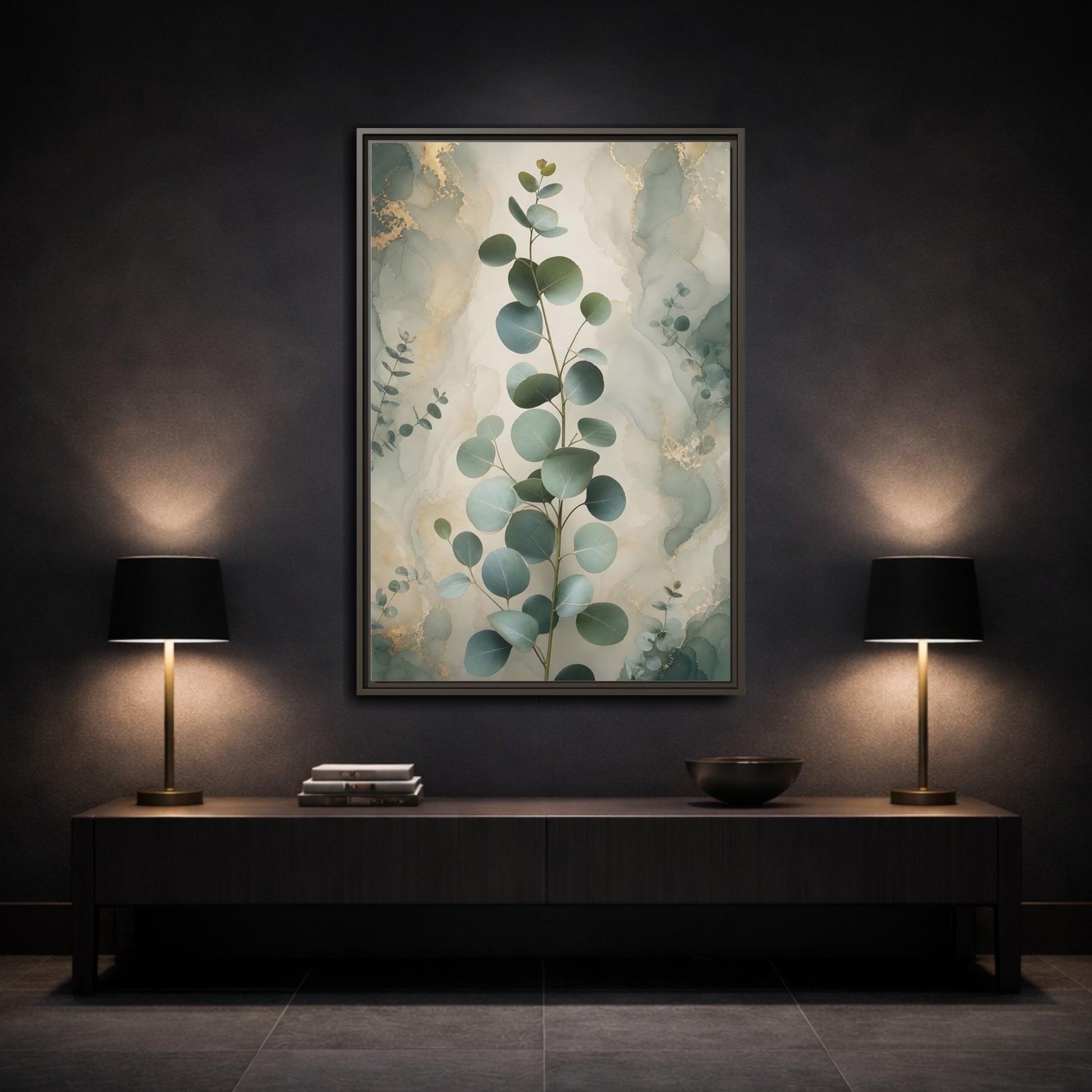 Mockup 3. Nature Eucalyptus Branch Green And Gold Eucalyptus shown as stretched canvas wall art