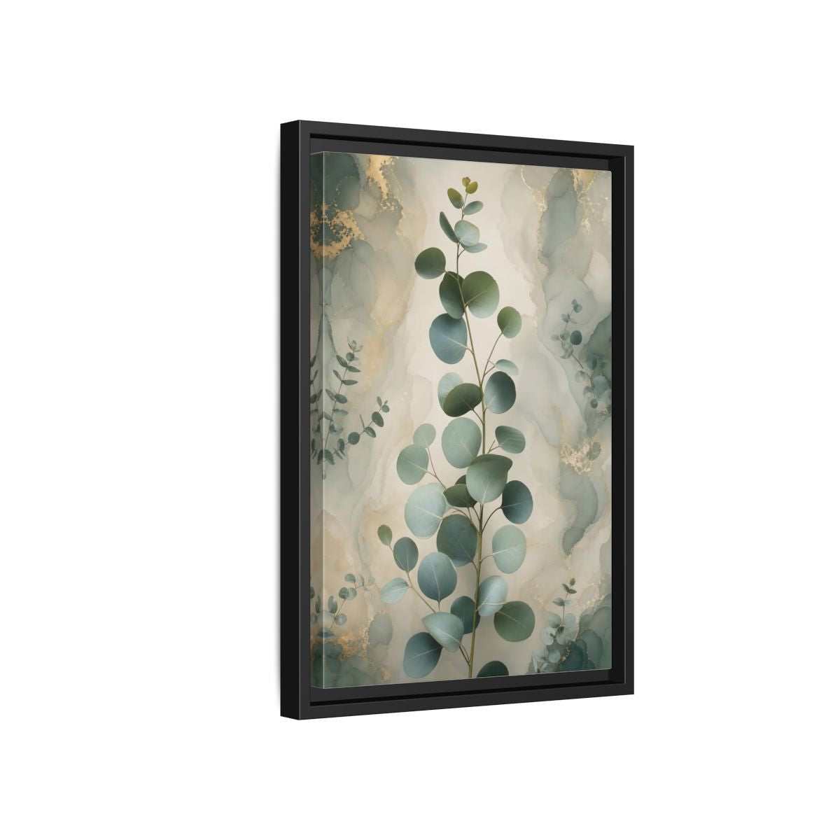 Side Mockup 6. Nature Eucalyptus Branch Green And Gold Eucalyptus shown as stretched canvas wall art
