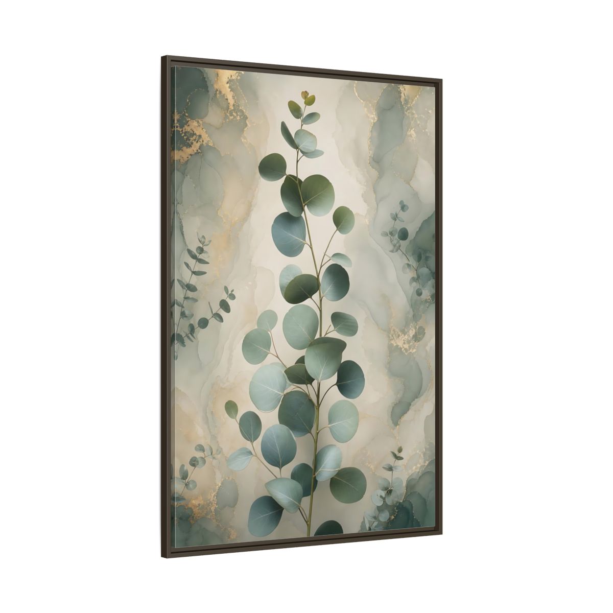 Side Mockup 8. Nature Eucalyptus Branch Green And Gold Eucalyptus shown as stretched canvas wall art