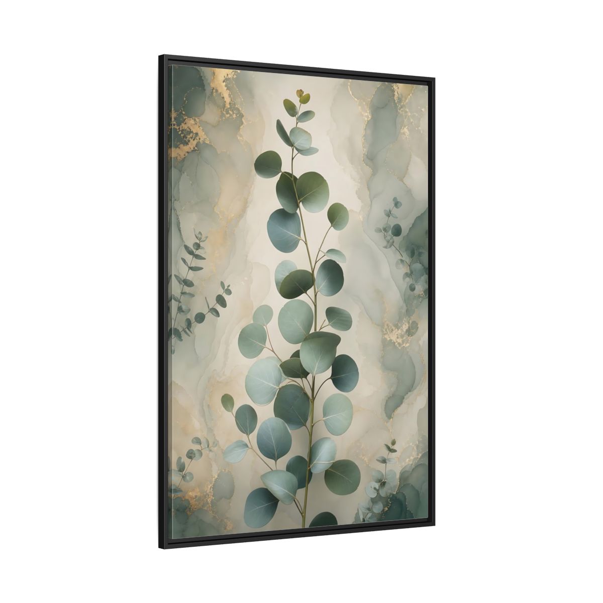 Side Mockup 12. Nature Eucalyptus Branch Green And Gold Eucalyptus shown as stretched canvas wall art