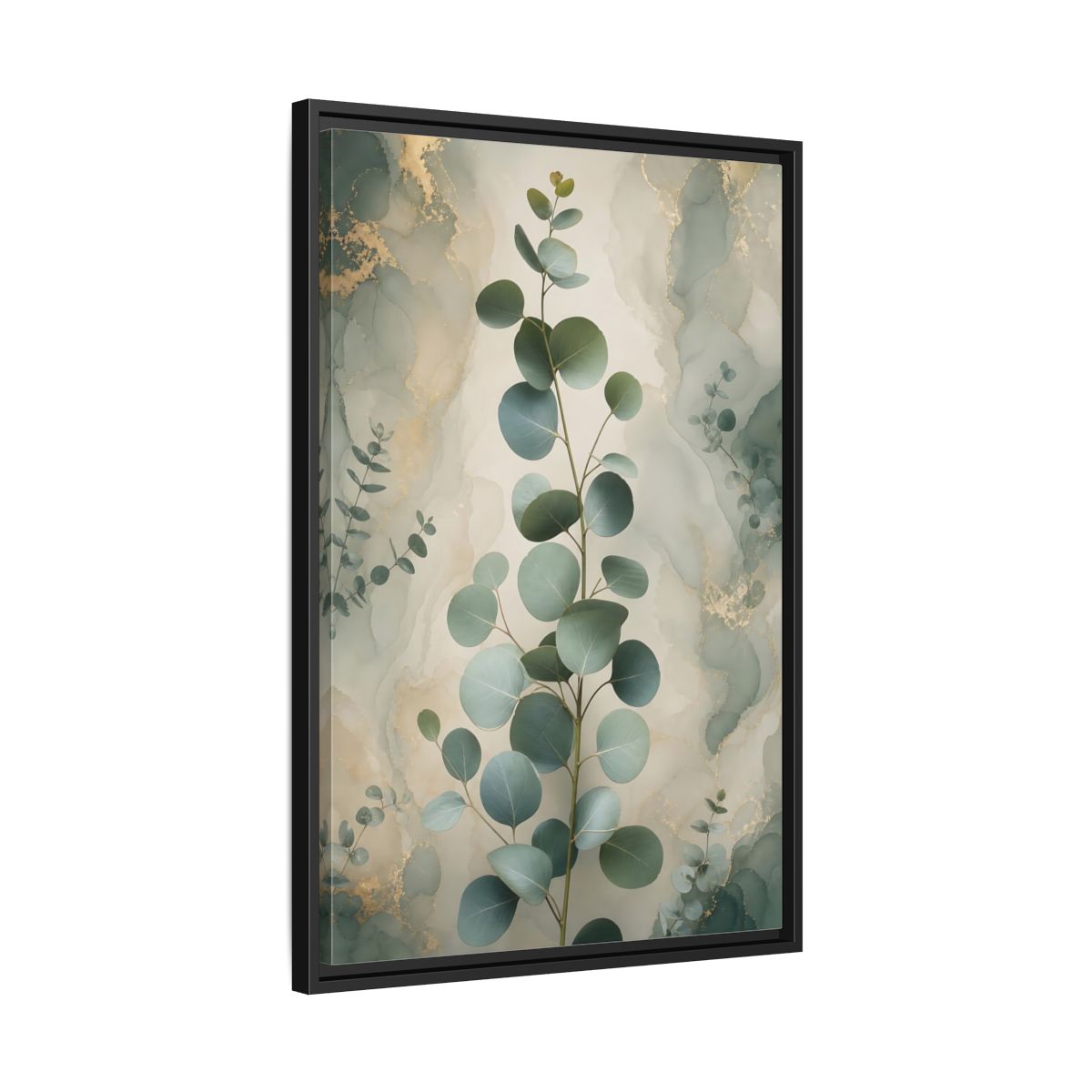 Side Mockup 14. Nature Eucalyptus Branch Green And Gold Eucalyptus shown as stretched canvas wall art