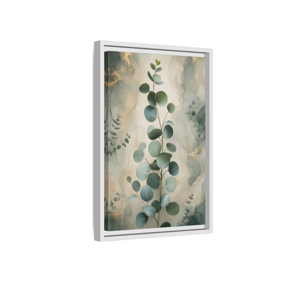 Side Mockup 4. Nature Eucalyptus Branch Green And Gold Eucalyptus shown as stretched canvas wall art