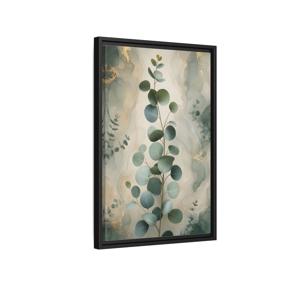 Side Mockup 3. Nature Eucalyptus Branch Green And Gold Eucalyptus shown as stretched canvas wall art
