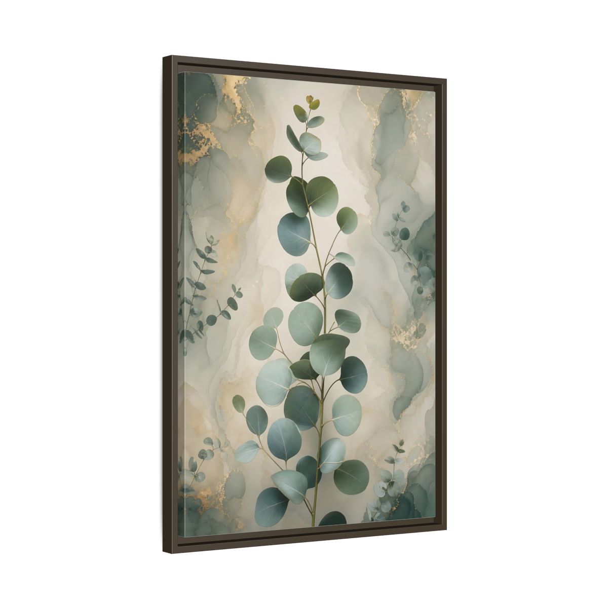 Side Mockup 11. Nature Eucalyptus Branch Green And Gold Eucalyptus shown as stretched canvas wall art