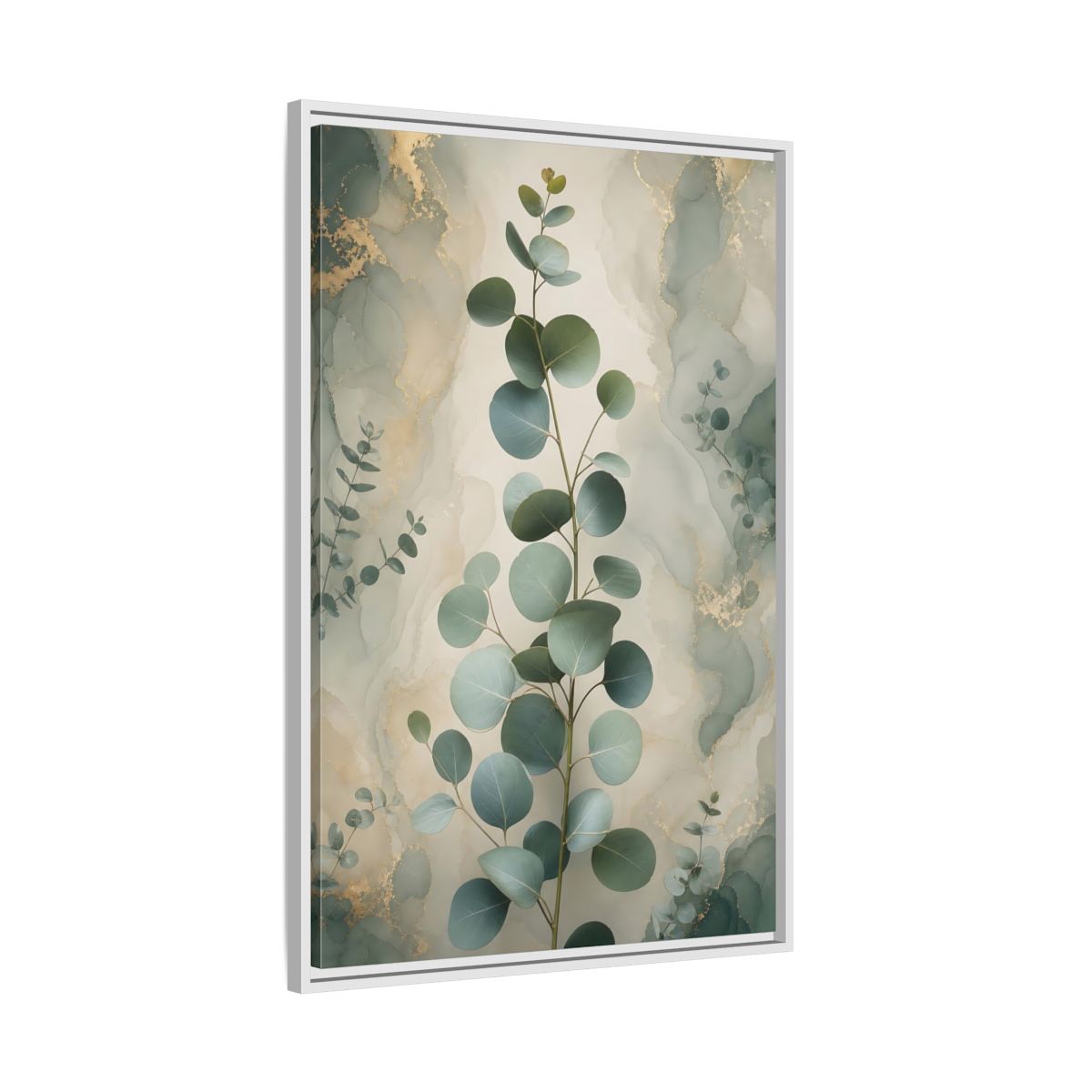 Side Mockup 9. Nature Eucalyptus Branch Green And Gold Eucalyptus shown as stretched canvas wall art