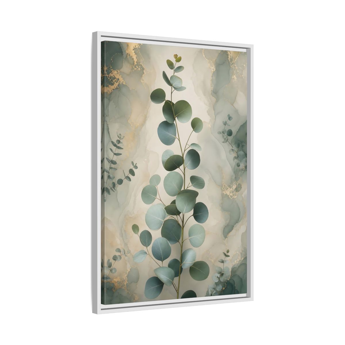 Side Mockup 10. Nature Eucalyptus Branch Green And Gold Eucalyptus shown as stretched canvas wall art