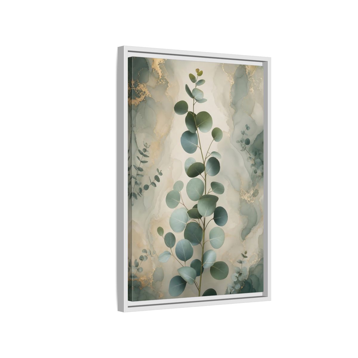 Side Mockup 1. Nature Eucalyptus Branch Green And Gold Eucalyptus shown as stretched canvas wall art
