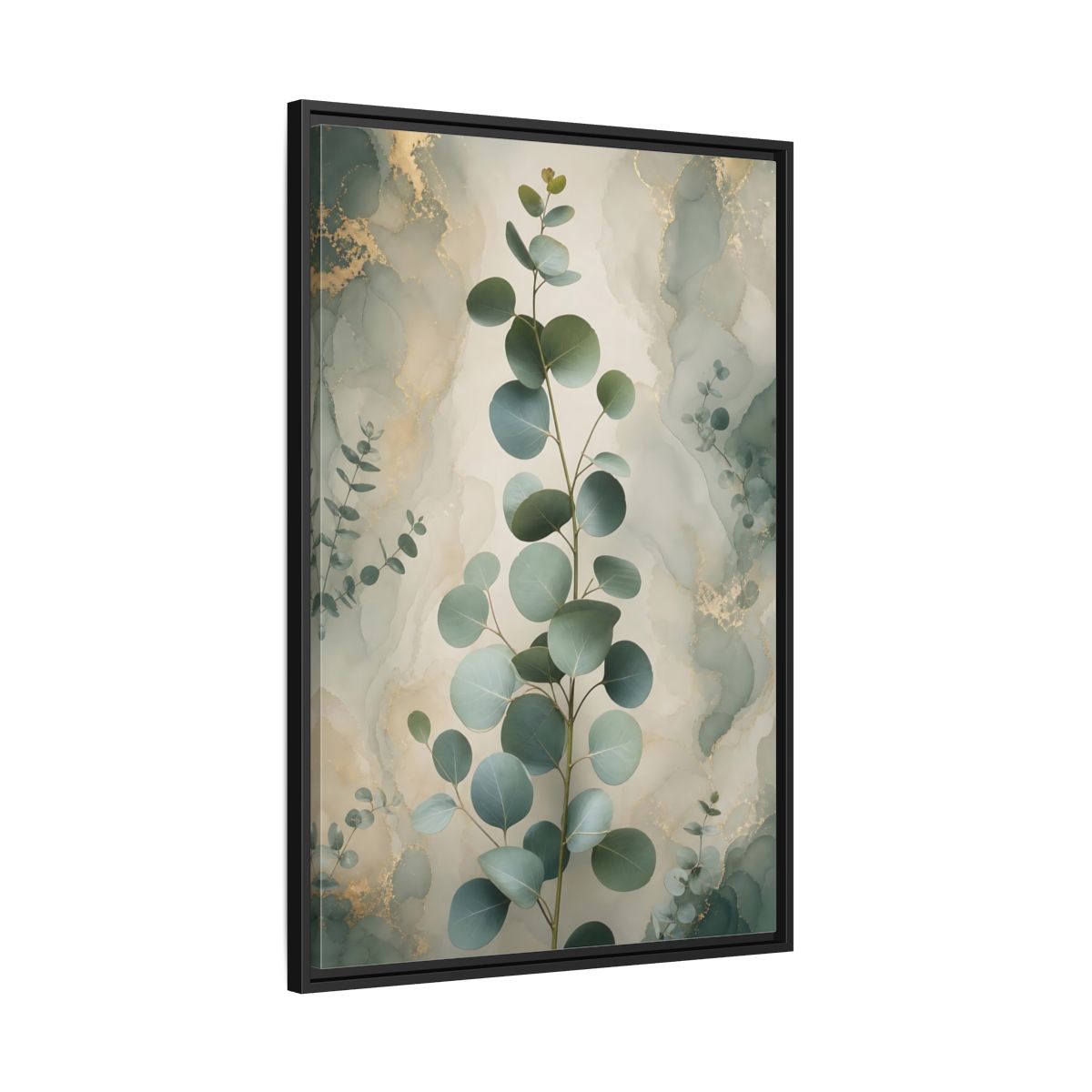 Side Mockup 13. Nature Eucalyptus Branch Green And Gold Eucalyptus shown as stretched canvas wall art