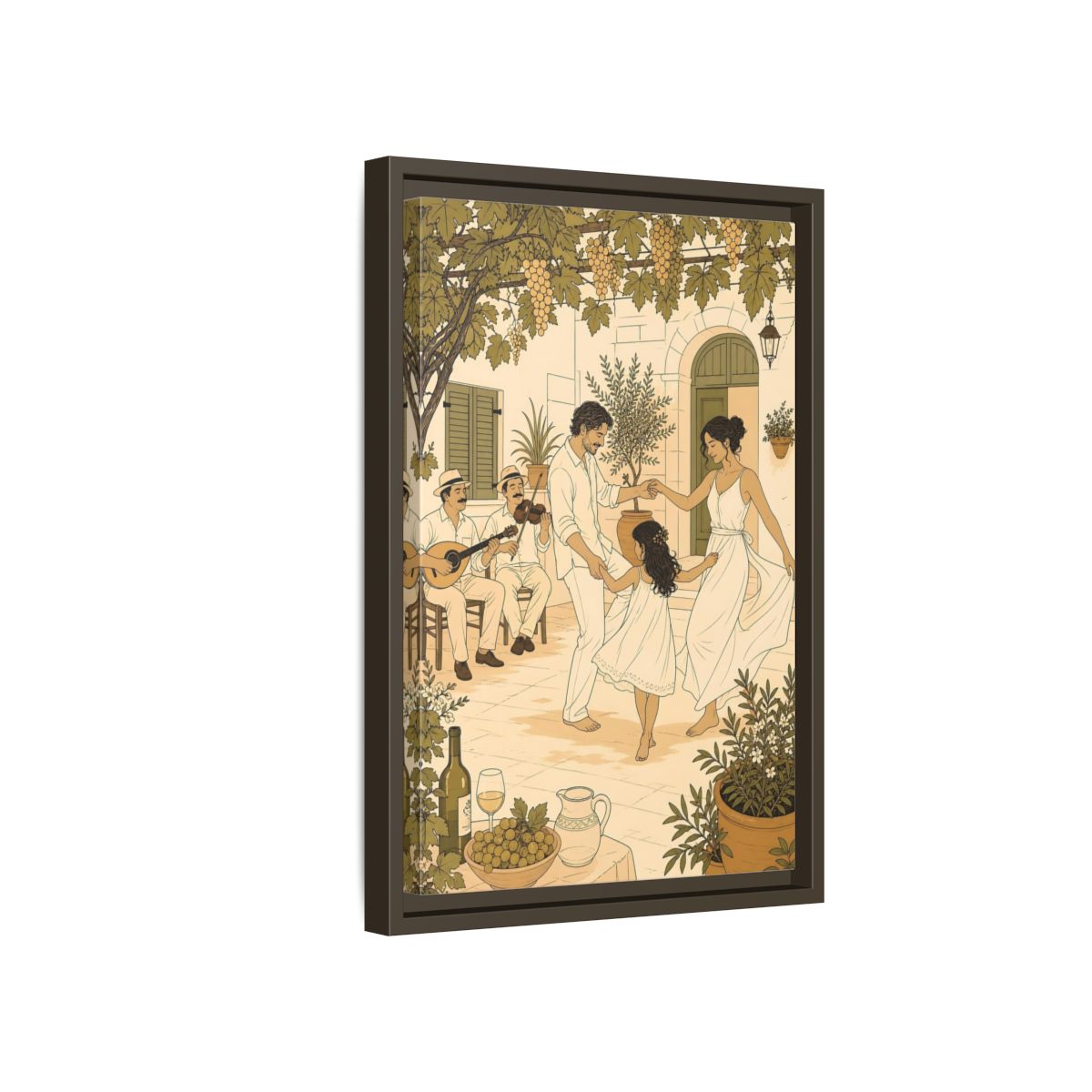 Side Mockup 5. Nature Family Dancing Mediterranean Courtyard shown as framed canvas print