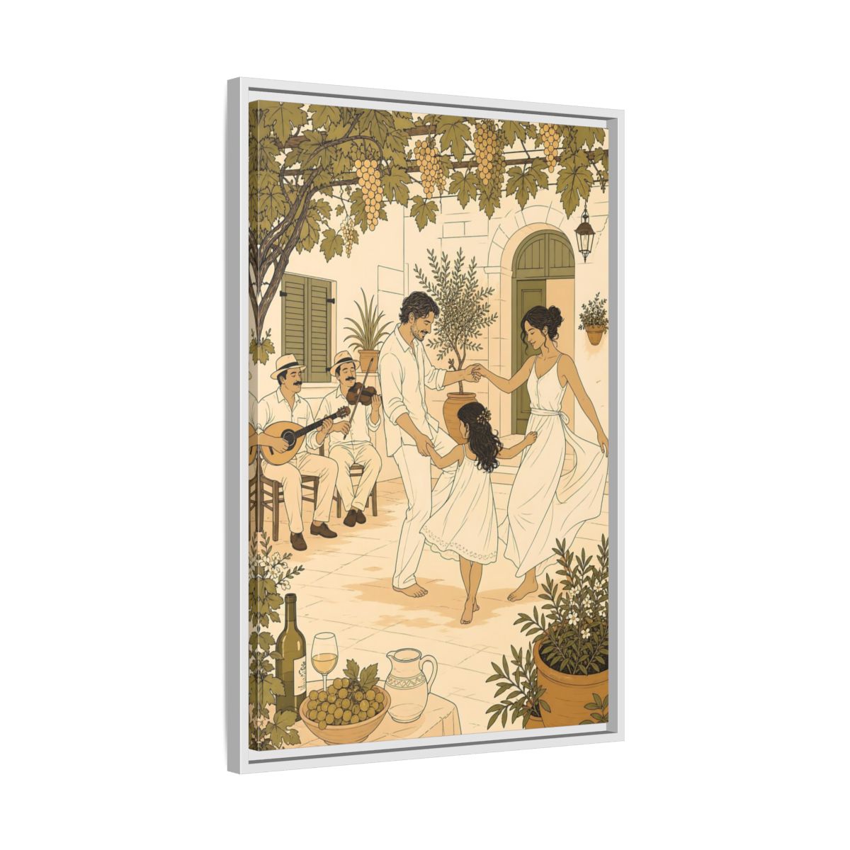 Side Mockup 10. Nature Family Dancing Mediterranean Courtyard shown as framed canvas print