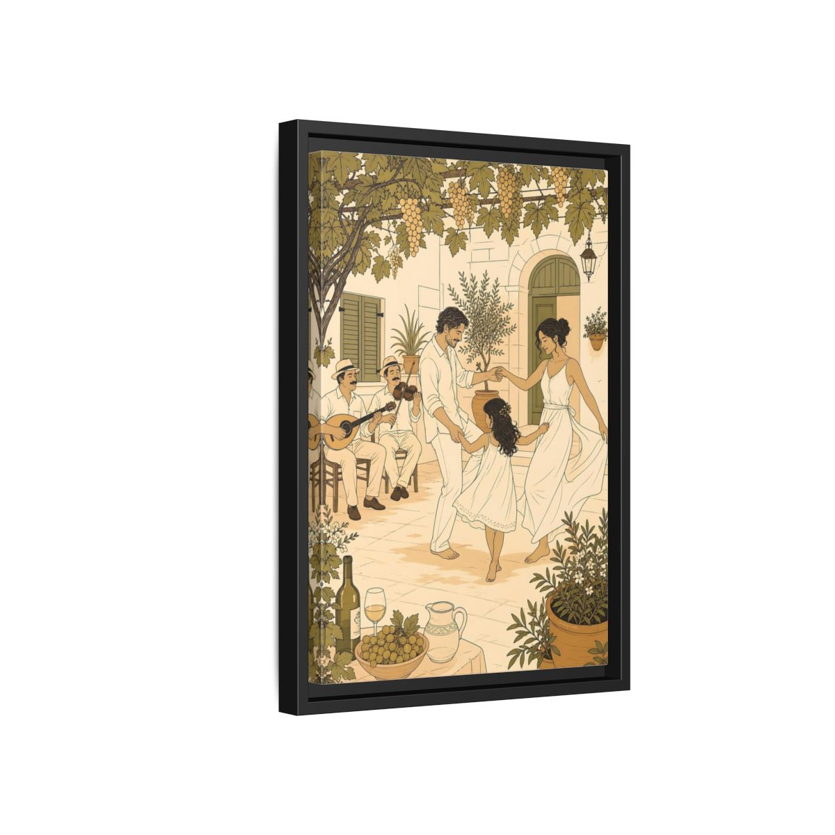 Side Mockup 6. Nature Family Dancing Mediterranean Courtyard shown as framed canvas print