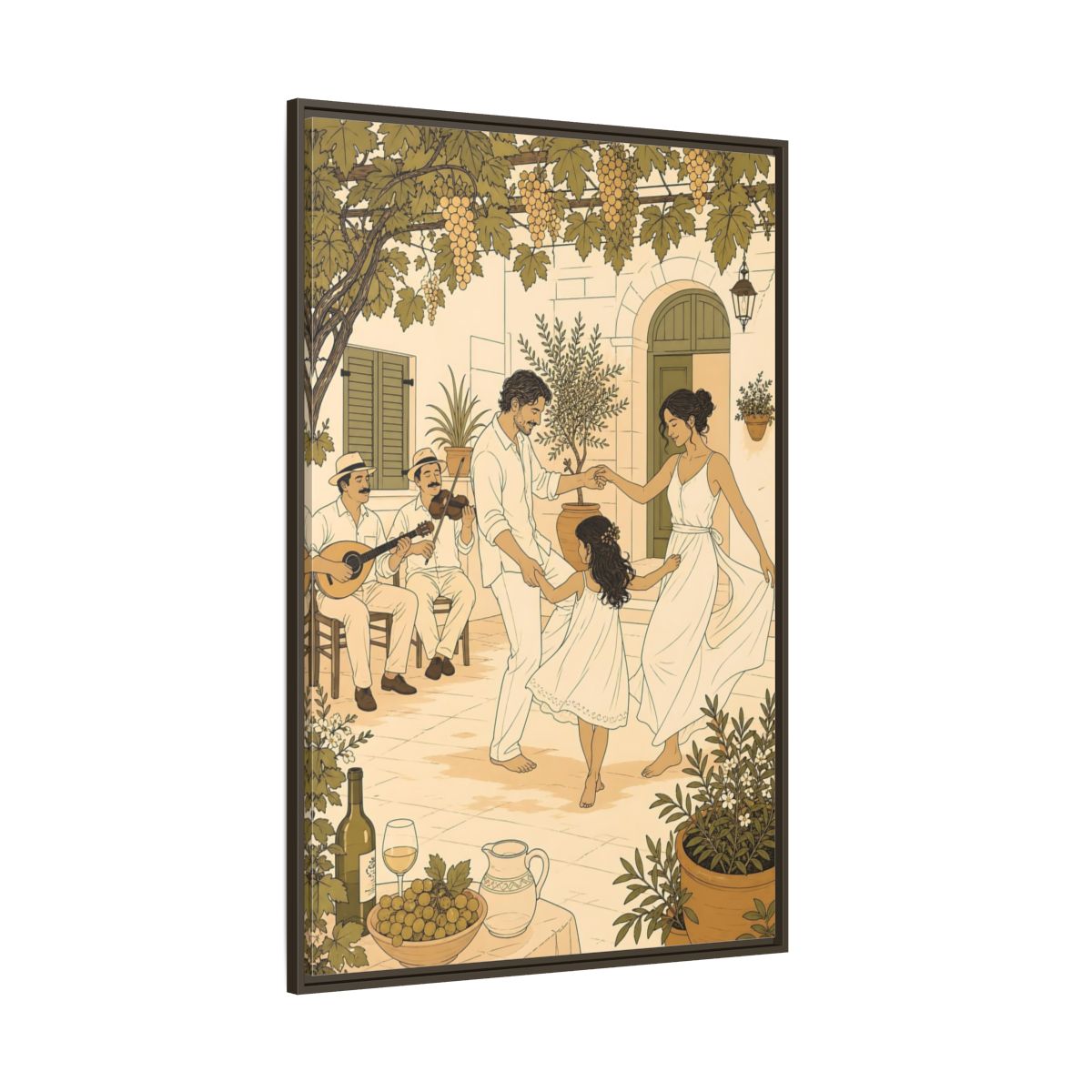 Side Mockup 8. Nature Family Dancing Mediterranean Courtyard shown as framed canvas print