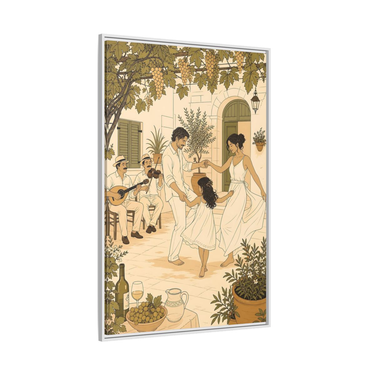 Side Mockup 7. Nature Family Dancing Mediterranean Courtyard shown as framed canvas print