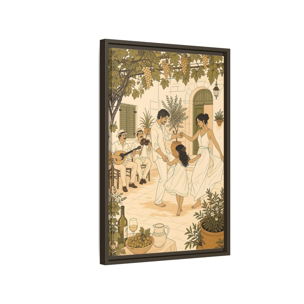 Side Mockup 2. Nature Family Dancing Mediterranean Courtyard shown as framed canvas print