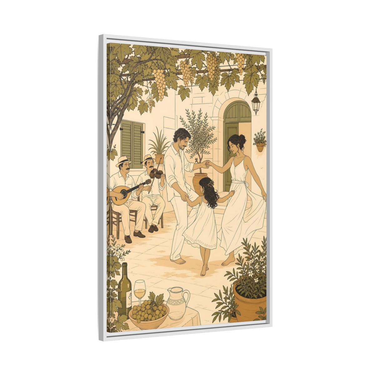 Side Mockup 9. Nature Family Dancing Mediterranean Courtyard shown as framed canvas print
