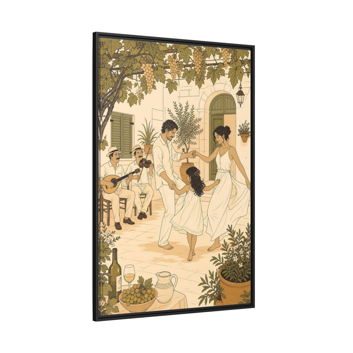 Side Mockup 12. Nature Family Dancing Mediterranean Courtyard shown as framed canvas print