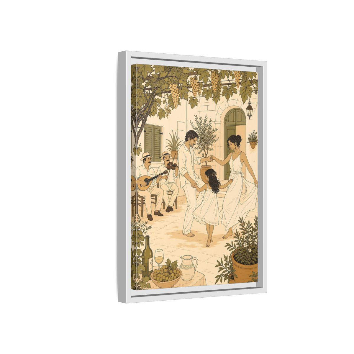 Side Mockup 4. Nature Family Dancing Mediterranean Courtyard shown as framed canvas print