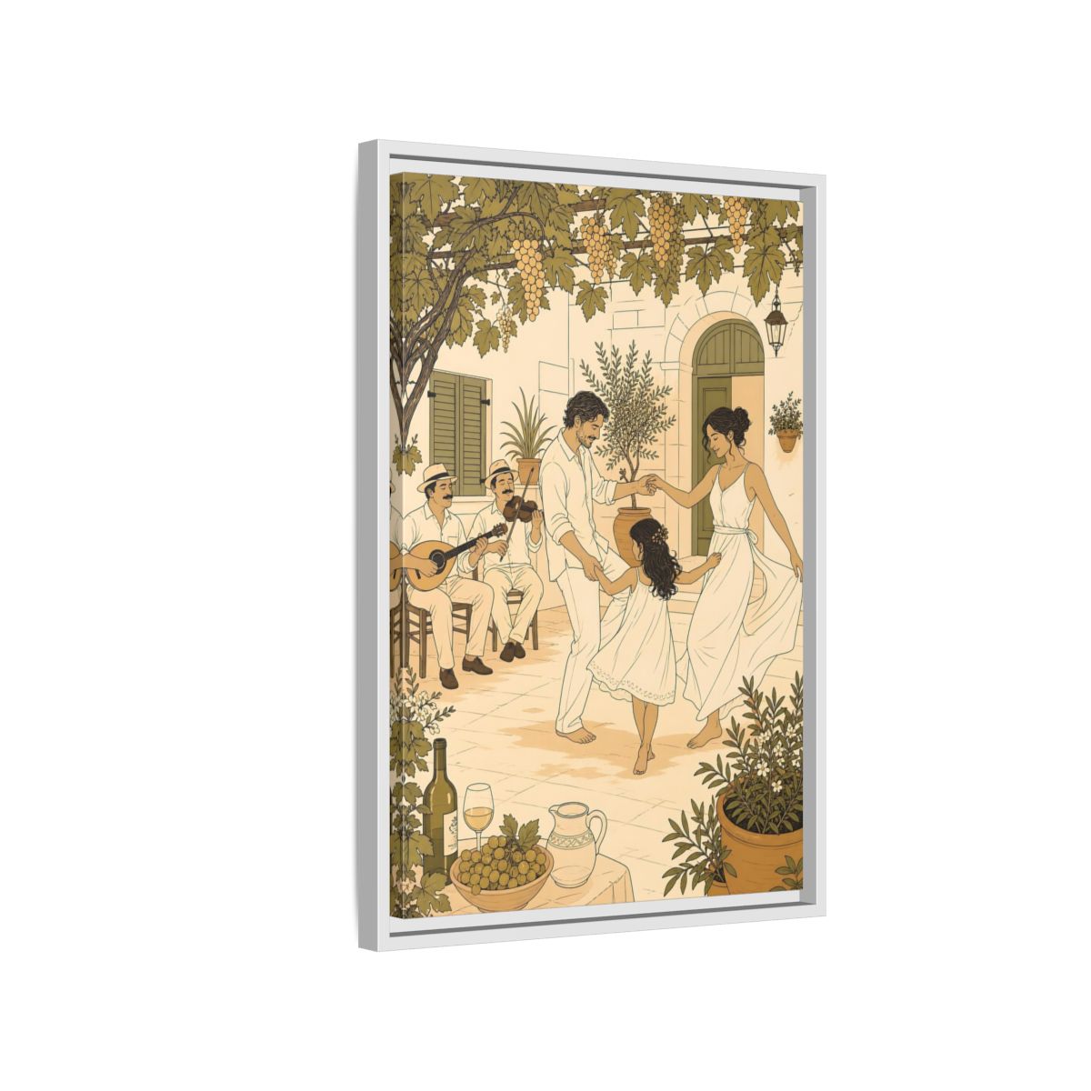 Side Mockup 1. Nature Family Dancing Mediterranean Courtyard shown as framed canvas print